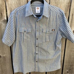 Men's Dickies Striped Multicolor SS Button-Down Shirt L Pockets Workwear Iconic